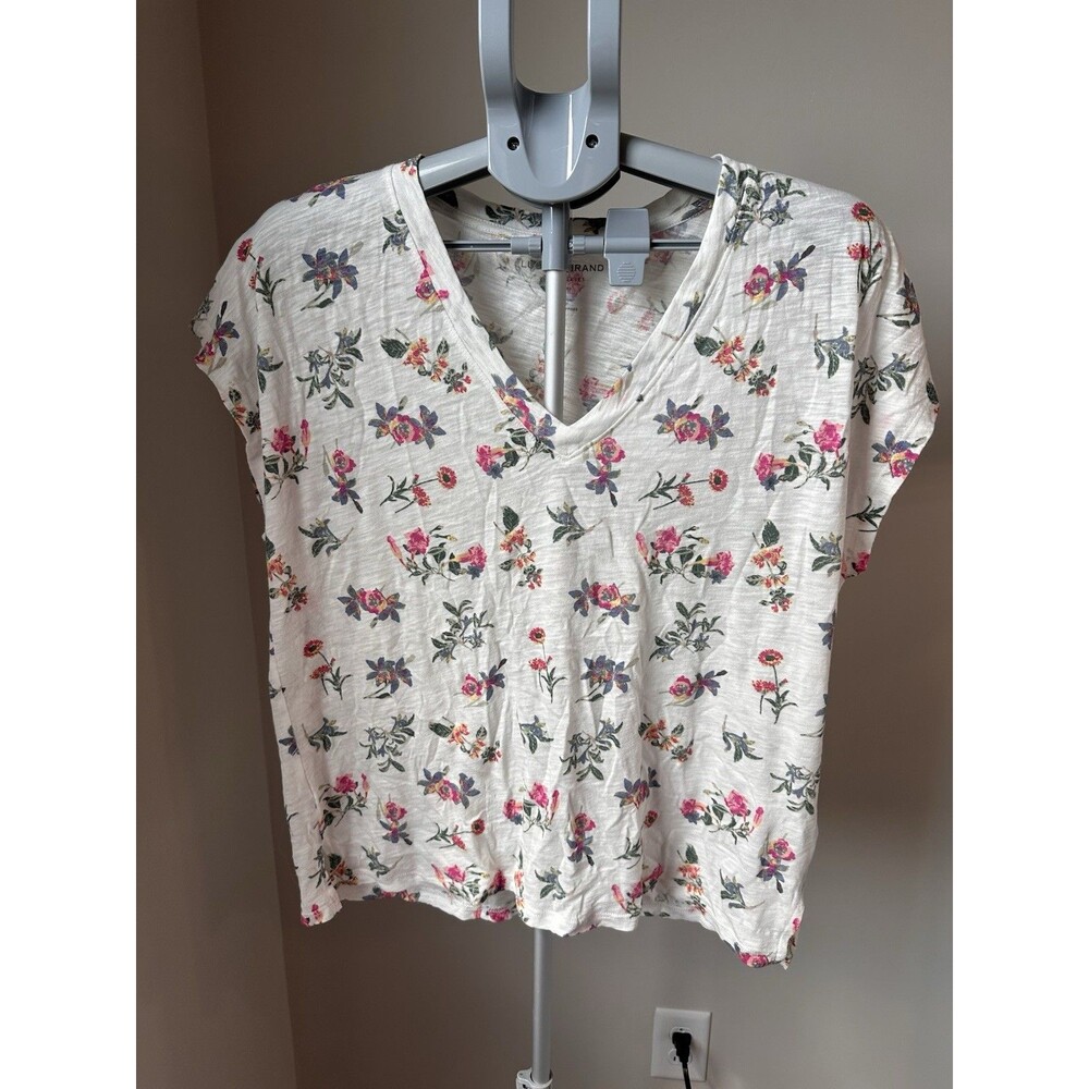 Lucky Brand Medium Pink White Floral Print Slub Knit V Neck Short Sleeve T-Shirt